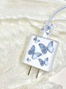 蓝白蝴蝶图案数据线保护套 5 件装 蓝白蝴蝶透明数据线保护套套装 适用于苹果 18W/20W 充电器，防止数据线断裂 春季母亲节礼物 - 彩色 - 查看 7