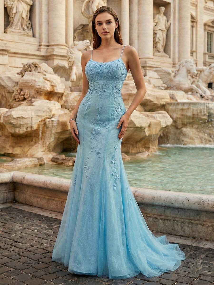 Elegant Blue Spaghetti Strap Applique Mermaid Style Formal Dress, Versatile For Formal Dinner, Party, Wedding, Graduation Ceremony And Debutante Ball Spring - Baby Blue - View 1