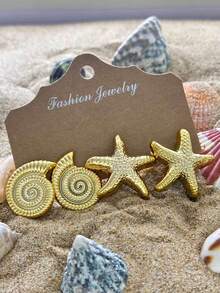 4pcs/6pcs/16pcs Fashion Starfish, Shell, Earrings Set, Suitable For Summer Travel And Vacation Wear - Gold - View 5