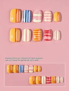24pcs Colorful Rectangular French Nail Art Stickers With Colorful Line Design, Suitable For Spring And Summer, Perfect Fit For Fake Nails, Includes 1 Bottle Of Glue And 1 Nail File, Suitable For Women's Daily Life And Various Parties - Multicolor - View 2