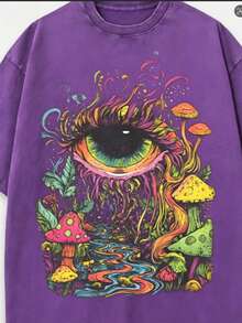 Summer Tops Men's  Eye And Mushroom Forest Pattern T-Shirt - Oversized Vintage Washed 100% Cotton T-Shirt, Vibrant 60s/70s Retro Print, Ultra-Soft And - 紫色 - 查看 6
