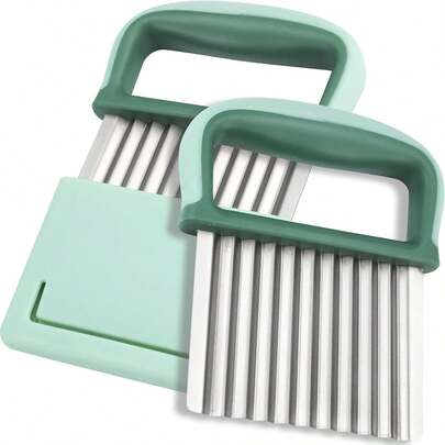 Crinkle Cutter Wavy Knife For Vegetables Stainless Steel French Fries Slicer For Potatoes Carrots Kitchen Cutting Tool With Protective Shell Green