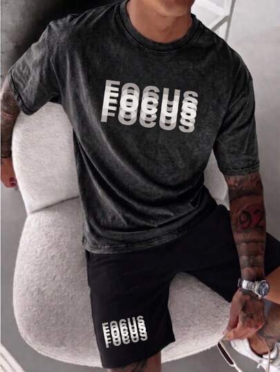  Fractyr 男士两件套水洗“FOCUS”3D立体效果标语T恤和短裤套装，柔软触感街头风宽松T恤和抽绳短裤，复古做旧休闲夏季运动套装