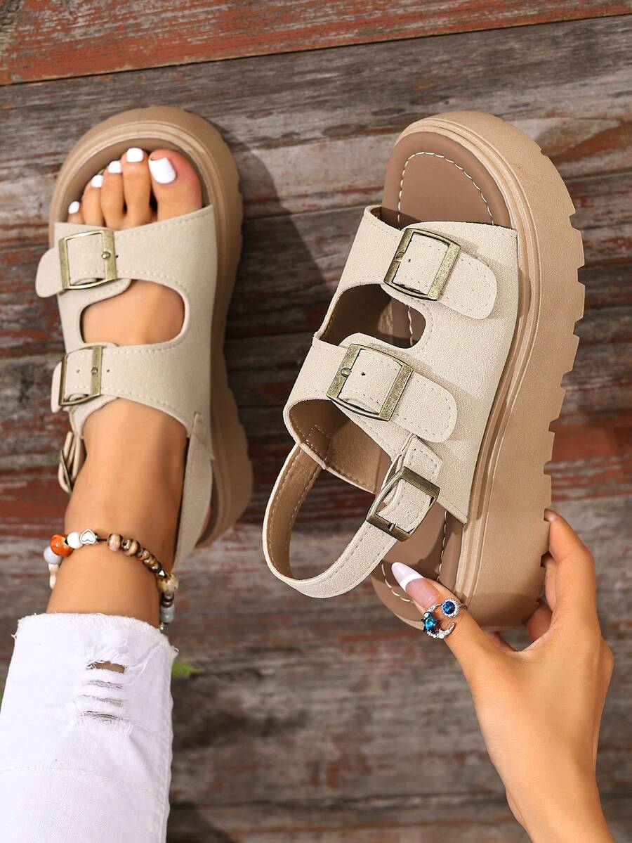 Thick Sole Sandals For Women With Metal Buckle, Wedge Heel Lace-Up Roman Shoes, Retro Casual Outdoor Beach Shoes, Non-Slip Platform Sandals, Multiple Colors Available, Plus Size Slimming Versatile Women Shoes - Khaki - View 1