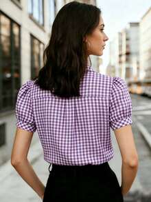 Camisa de mujer de manga corta a cuadros rojos con cuello - Camisa a cuadros casual y de negocios adecuada para la oficina, el trabajo, el hogar y el uso diario, primavera/verano/otoño - Morado - Ver 2