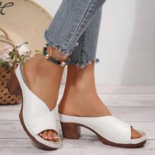 Giày sandal cao gót nữ, đế platform chống thấm nước màu trơn, gót chunky thoải mái, kiểu dáng slip-on tiện dụng, dép xỏ ngón mùa hè tối giản đi biển. - Màu be - Xem 5