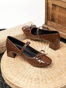Giày cao gót nữ kiểu retro 4.5cm, mũi vuông, gót chunky, kiểu Mary Jane, chống trơn trượt, bền chắc và thoải mái, thích hợp đi làm. - màu nâu - Xem 3