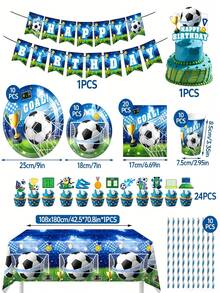 Football Birthday Party Decorations, Including Plates, Napkins, Cups, Tablecloth, Cake Toppers, Honeycomb Balloons, Suitable For 24 People - Multicolor - View 9