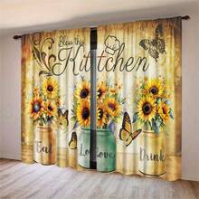 2pcs Retro Countryside Sunflower Pattern Semi-Blackout Bedroom Curtains, Punch-Free Rod Pocket Design, Easy To Install, Smooth Sliding. Country Style Curtains For Living Room And Kitchen, Suitable For Home Decoration, Room Decoration And House Partition. Made Of Polyester, Machine Washable And Hand Washable - Multicolor - View 16