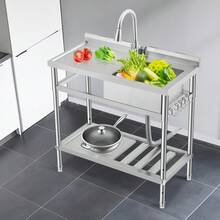 Lavabo utilitario independiente de acero inoxidable – Con uno o dos tazones y grifo – Tablero de drenaje, estantes de almacenamiento, patas ajustables a prueba de óxido – Para restaurante, cocina, lavandería, uso interior y exterior - Plataforma izquierda, lavabo individual derecho (con grifo) - Ver 6