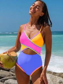 popvil Traje de baño de una pieza con corte, bloque de color y lazo en la espalda para vacaciones y playa - Morado - Ver 1