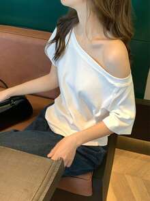 Y2K風格夏季新款純色不對稱單肩短袖女款T恤，寬鬆修身斜肩休閒百搭上衣 白色 - 白色 - 查看 1