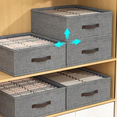 1 boîte de rangement pour vêtements grise à double rangée, lavable, pratique pour l'organisation saisonnière. Boîte de rangement ménagère pliable de grande capacité, de style tiroir, facile à transporter, à plier et à ranger, et également facile à sortir.