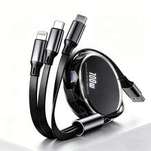 3-In-1 Retractable USB Cable, 100W 6A, Compatible With IPhone, Phones, Fast Charging & Data Transfer - Multicolor - View 1