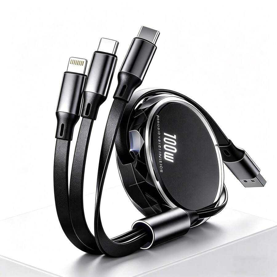 3-In-1 Retractable USB Cable, 100W 6A, Compatible With IPhone, Phones, Fast Charging & Data Transfer - Multicolor - View 1