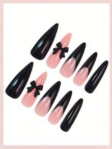 24片装长尖法式假指甲，黑色法式尖头设计，带蝴蝶结，光泽全覆盖，适合女性和女孩日常佩戴，打造精致美甲艺术。 - 黑色 - 查看 3