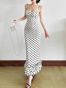 Đầm maxi nữ thanh lịch, bóng bẩy, chấm bi, dây mảnh, có thể điều chỉnh dây đeo, xẻ tà sau và xếp ly ở gấu đầm. - trắng - Xem 3