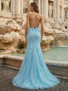 Elegant Blue Spaghetti Strap Applique Mermaid Style Formal Dress, Versatile For Formal Dinner, Party, Wedding, Graduation Ceremony And Debutante Ball Spring - Baby Blue - View 2