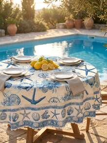 1pc-Vintage Nautical Shell Tablecloth, Waterproof Stain Resistant Polyester Table Cover With Starfish Print, Lace Trim, Ideal For Summer Party, Pool Party, Beach Gathering, Patio Dining And Indoor Outdoor Home Decor - Multicolor - View 10