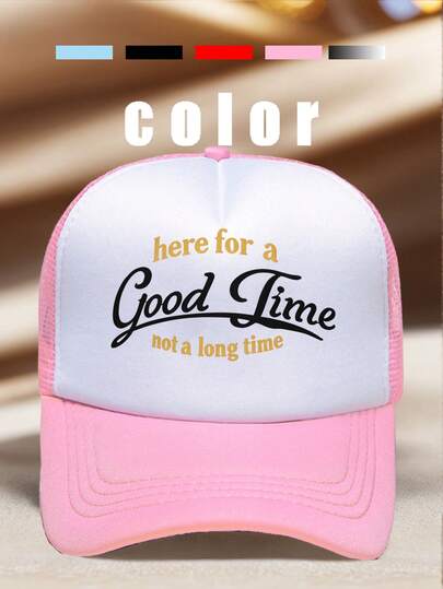 1顶印花卡通字母装饰网眼卡车帽，适合日常佩戴、户外旅行、徒步旅行、海滩度假等场合。