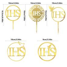 3pcs/6pcs Gold Acrylic IHS Cake Toppers, Holy Communion Cake Decorations, Baptism Confirmation First Communion Party Supplies - Multicolor - View 3