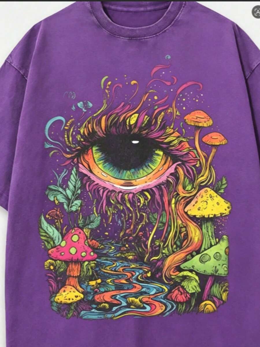 Summer Tops Men's Eye And Mushroom Forest Pattern T-Shirt - Oversized Vintage Washed 100% Cotton T-Shirt, Vibrant 60s/70s Retro Print, Ultra-Soft And - 紫色 - 查看 1