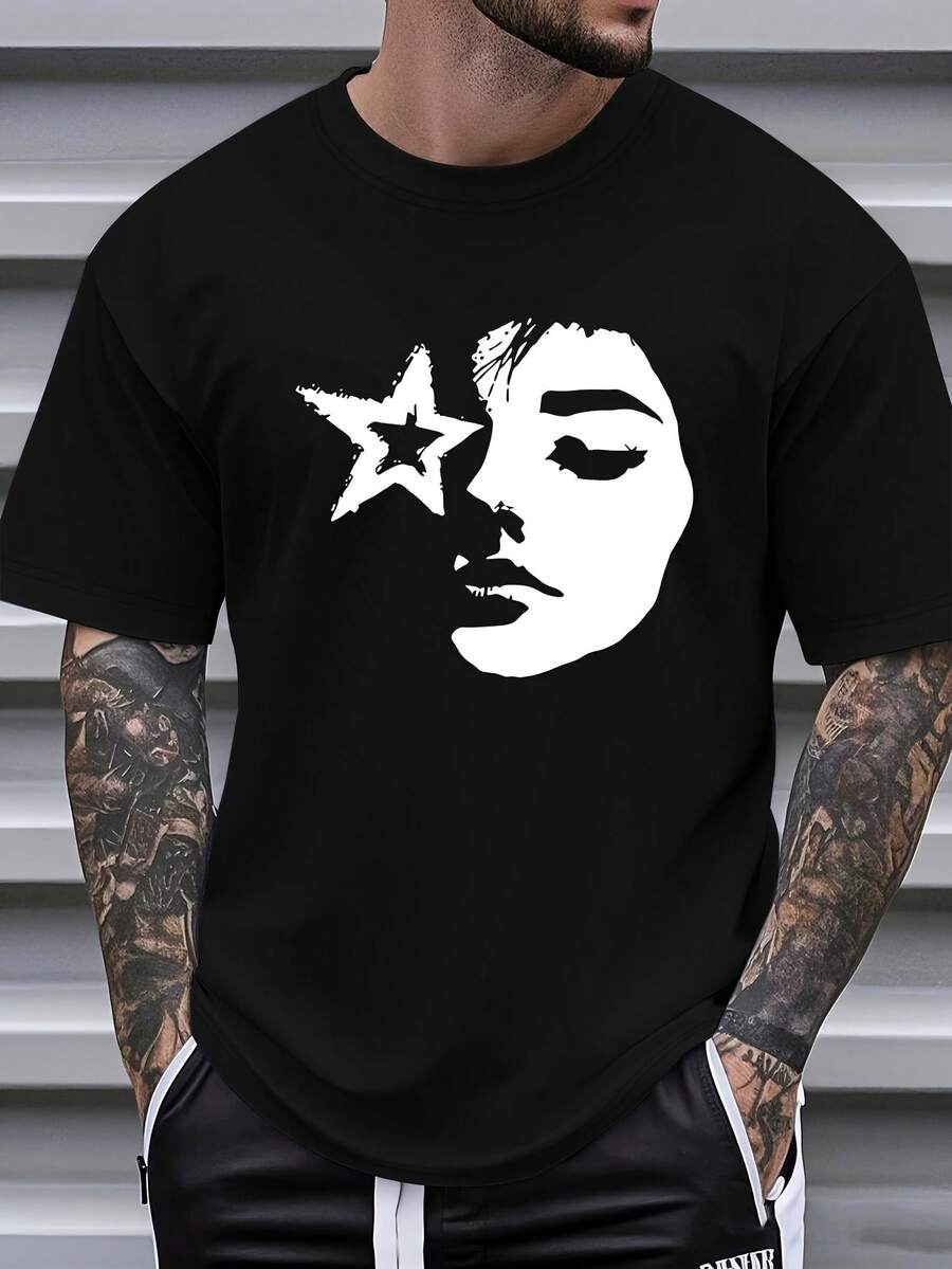 Camiseta de manga curta com silhueta de retrato de arte vintage | Blusa casual artística de verão para exposições de arte e encontros sociais - Preto - Ver 1
