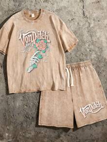 2 Piece Set Men Pure Cotton Washed T Shirt And Shorts Set 4th Of July Vonn Dutch Print Perfect For Daily Outfits Outdoor Activities Father Day Gift - Cà phê nâu - Xem 1