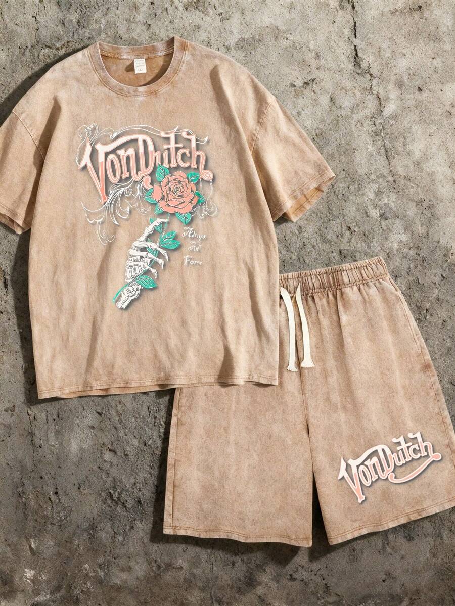 2 Piece Set Men Pure Cotton Washed T Shirt And Shorts Set 4th Of July Vonn Dutch Print Perfect For Daily Outfits Outdoor Activities Father Day Gift - Cà phê nâu - Xem 1