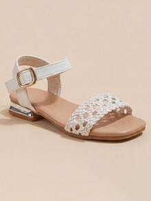 Girls' Flat Sandals, White Woven Hollow-Out Ankle Strap Square Toe With Metal Buckle Non-Slip Sole - White - View 5