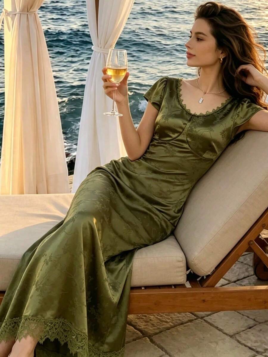 女士优雅绿色时尚晚礼服长款修身短袖夏季新款连衣裙派对礼服性感系带露背女士度假沙滩束腰长袍婚礼春季 - 彩色 - 查看 1
