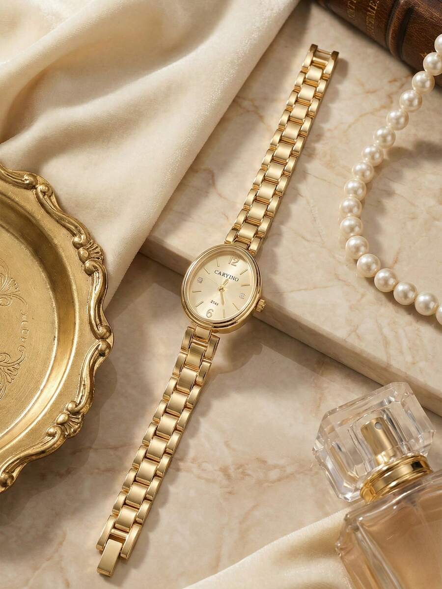 CARYINO 1pc Elegant Retro Gold Oval Women's Watch, Luxury Minimalist, Suitable For Daily, Date, Fashion Item, Birthday Gift - one-size - View 1