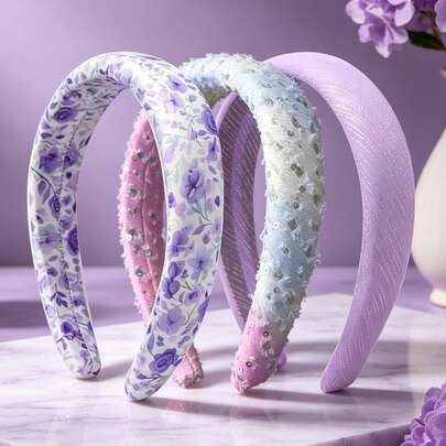 1 chiếc băng đô cài tóc bản rộng, đa năng, màu tím, làm từ vải polyester, có đệm mút cao cấp, tạo áp lực tốt lên đỉnh đầu, phù hợp cho phụ nữ và bé gái sử dụng hàng ngày, ngoài trời, dự đám cưới, dạ hội, tiệc tùng, trang trí ngày lễ.
