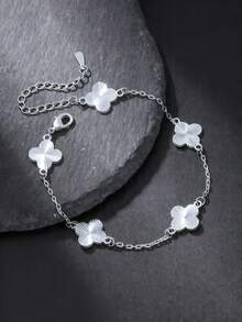 1条激光雕刻四叶草手链，轻奢，高档手工女士手链 - 銀色 - 查看 1