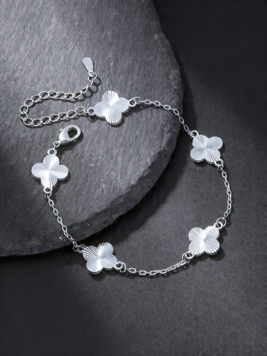 1条激光雕刻四叶草手链，轻奢，高档手工女士手链 - 銀色 - 查看 1