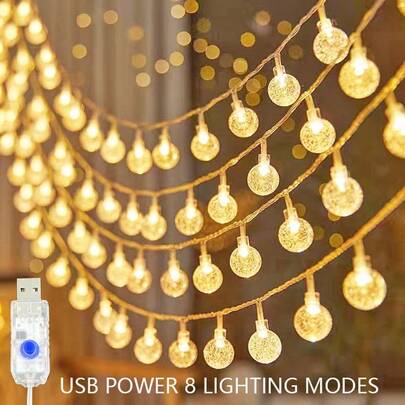 1 Dây đèn LED hình cầu pha lê bằng nhựa, 8 chế độ chiếu sáng, chạy bằng USB, thích hợp trang trí phòng ngủ trong nhà, trang trí tiệc cưới, tạo không khí ấm áp, trang trí kỳ nghỉ lễ, đèn LED trang trí lều cắm trại.