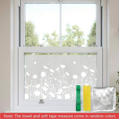1 Roll 17.7in X 78.7in White Floral Window Film, Daisy Meadow & Butterfly Pattern Privacy Window Cling, Decorative Frosted Glass Window Sticker With Installation Tools, Removable Static Cling Blackout UV Protection For Home Decor, Semi-Transparent For Living Room, Bedroom, Bathroom, Kitchen, Balcony Sliding Door, Office