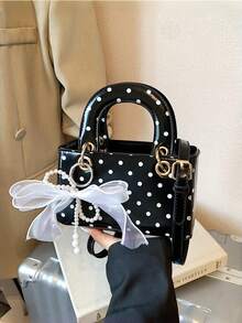 1pc Design New Women's Elegant Handbag, Shoulder Bag, Satchel Bag, Solid Color With Polka Dot Elements, Versatile, Comes With Personalized Lace Pearl Decor, Suitable For Outings, Shopping, Dates, Gifts - Black - View 4