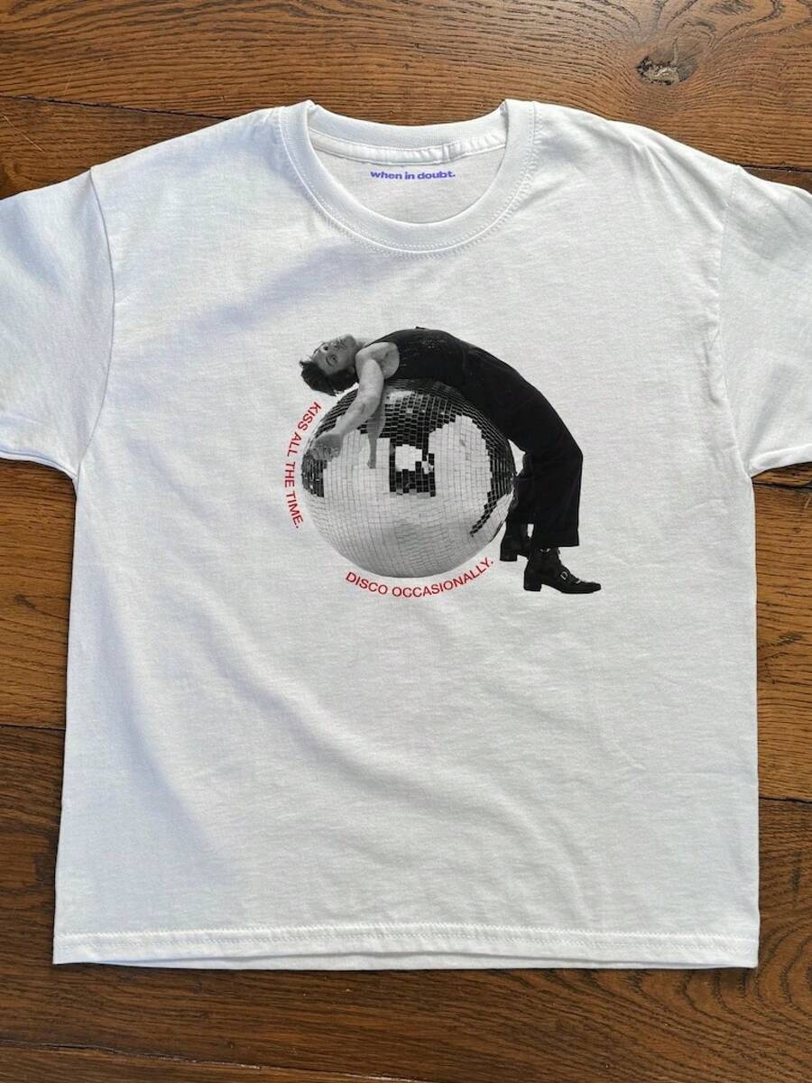 "Kiss All The Time Disco Occasionally", Disco Ball Baby Tee, HS Tour Graphic Tshirt, Y2K Concert Top - White - View 1