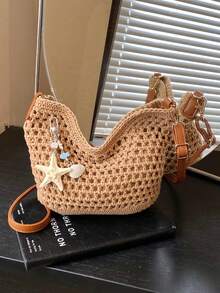 1件时尚新款镂空钩编单肩包，涤纶材质，百搭度假风斜挎包，简约休闲沙滩包，适合日常通勤和度假，优雅女士手提包 - 卡其色 - 查看 6