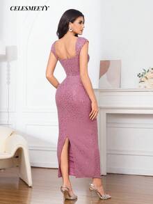 Abito da sera lungo con spalle scoperte, senza maniche, con ricami e paillettes, colore grigio, rosa e viola. Abito formale in tessuto elastico e in rete lucido, adatto per Natale, feste, matrimoni, vacanze e occasioni speciali. - Rusty Rose - Visualizzare 8