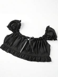 Women's Y2K Off Shoulder Tops Fairycore Slim Frill Trim Bow Backless Short Sleeve Crop Tops Short Shirt Aesthetic Clothes For Party Club Streetwear - 黑色 - 查看 6