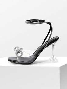 Women 2026 Wide-Fit Lace-Up High Heeled Sandals Fashion Bow Knot Embellished Peep Toe Transparent Heel Party Wedding Prom Dress Shoes - 黑色 - 查看 5