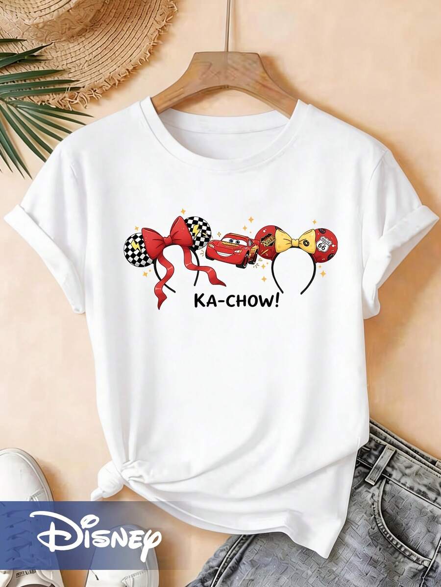 Disney Women's Mickey Ears & Lightning McQueen T-Shirt - Mickey Bow & Cars Racing Short Sleeve Top, Round Neck Casual Tee Suitable For Seasons, Machine Washable For Parties, Themed Outfits - 白色 - 查看 1