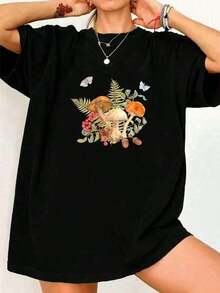 Women's Short-Sleeved T-Shirt, Versatile And Suitable For Streetwear, Everyday Wear, Camping, Concerts, Hip-Hop, And Rock Music. Crew Neck T-Shirt With A Mushroom Print And Western Graphic Design, Modern Style. Graphic Tees For Men, Women's Clothing, Summer Tops, Summer Wear, Graphic Tees. - 黑色 - 查看 1