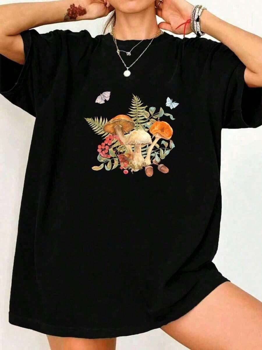 Women's Short-Sleeved T-Shirt, Versatile And Suitable For Streetwear, Everyday Wear, Camping, Concerts, Hip-Hop, And Rock Music. Crew Neck T-Shirt With A Mushroom Print And Western Graphic Design, Modern Style. Graphic Tees For Men, Women's Clothing, Summer Tops, Summer Wear, Graphic Tees. - 黑色 - 查看 1