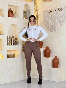 Women's Riding Pants, High Waist, Ribbed, With Gorgurinho Detail - Mocha Brown - View 3
