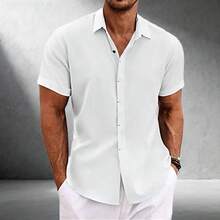 Men's Short Sleeve Linen Blend Button Down Shirt Breathable Casual Summer Beach Solid Color Top - 黑色 - 查看 2