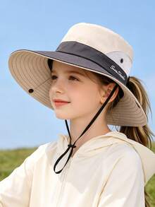 1pc Kids Ponytail Sun Hat, Wide Brim, UV Protection, Suitable For 3-8 Years Old Girls, Beach Bucket Hat - 1PC - View 9