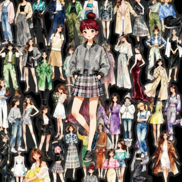 56张时尚女式水彩服装PET贴纸，成人女孩服装风格美学贴纸，适用于剪贴簿、日记本、计划本、笔记本电脑、手机壳、水瓶等DIY工艺品剪贴簿用品。